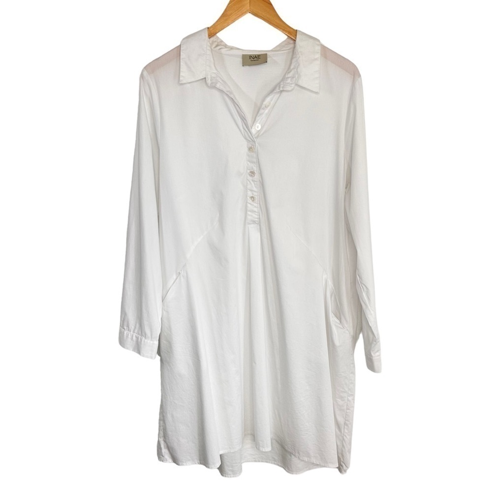 INAE Collection Womens Shirt Dress Sz Medium? White Long Sleeve Pockets Popover